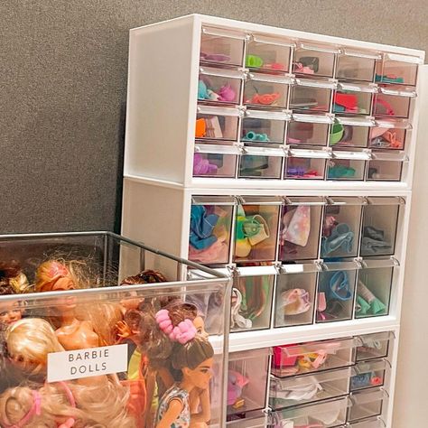 8 Barbie Storage Ideas You and Your Kids Will Love Barbie Storage Bins, Barbie Doll Accessory Storage, Barbie Doll Accessories Storage Ideas, Playroom Doll Organization, Rainbow High Storage, Barbie Shoe Storage, How To Organize Doll Clothes, Barbie And Doll Storage Ideas, Barbie Corner Playroom