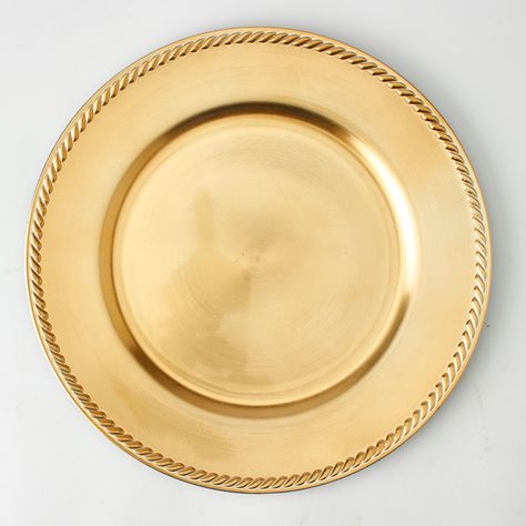 Charger Plate - Google Search Gold Charger Plate, Core Four, Moms 60th, Metal Cake Stand, Ceiling Draping, Event Decor Direct, Rope Border, Gold Chargers, Candle Arrangements