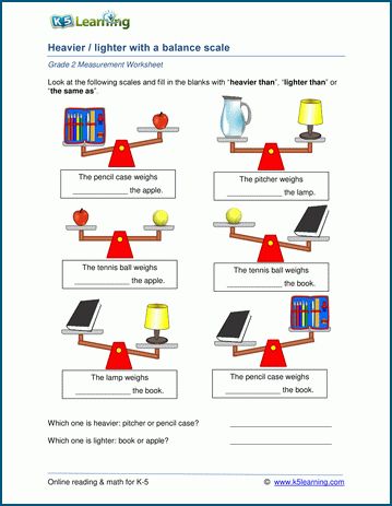 Grade 2 weight Worksheets: Compare weights with a scale | K5 Learning Weight Worksheets Grade 2, Measurements Worksheet Grade 1, Measurement Of Weight Worksheet, Mass Worksheets For Grade 2, Measurements Worksheet For Grade 2, Weight Worksheet For Grade 1, Weight Measurement Activities, Measurement Worksheets 2nd Grade, Comparison Worksheet