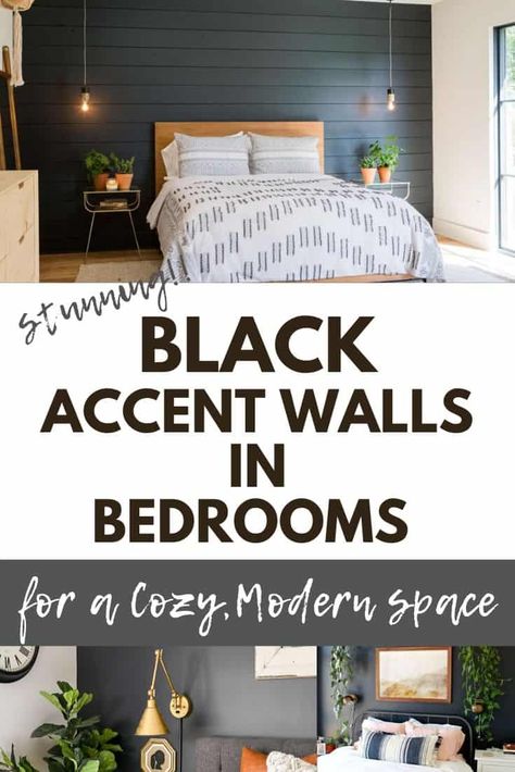 Get the modern farmhouse, cozy boho look in a bedroom with a black accent wall. See stunning examples of how it works perfectly, plus tips on how to combine elements to make the perfect modern farmhouse bedroom retreat. Rooms With A Black Accent Wall, Light Oak Wood Bedroom Ideas, Black Wall Bedroom Modern, Modern Bedroom With Black Accent Wall, One Wall Black Bedroom, Modern Farmhouse Bedroom Wall Colors, Master With Black Accent Wall, Diy Black Accent Wall Bedroom, Men’s Bedroom Accent Wall