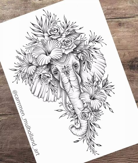 Elephant Tattoos Thigh Flowers, Mandala And Elephant Tattoo, Feminine Thigh Tattoos Elephant, Leg Tattoos Women Animals, Thigh Tattoos Elephant Women, Tropical Elephant Tattoo, Leg Tattoos Women Elephant, Elephant Tattoos On Black Women, Elephant Shin Tattoos For Women