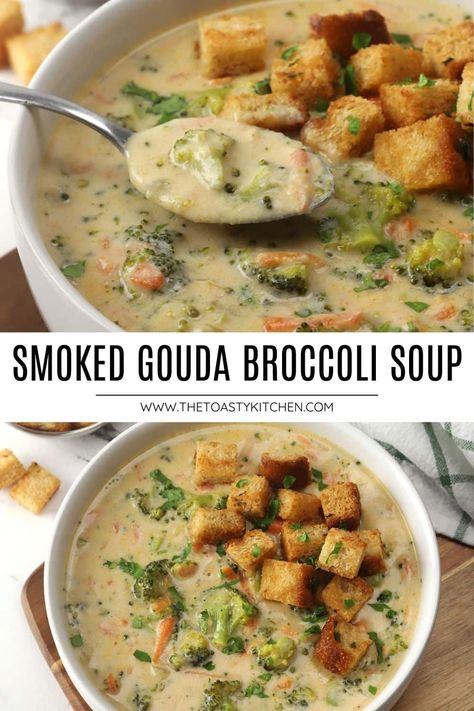 Smoked gouda broccoli soup is the ultimate comfort food soup! It's ready in 30 minutes or less, made in a single pot on the stovetop, and packed with smoky gouda cheese. Homemade Broccoli Soup Recipes, Broccoli Gouda Soup, Spicy Broccoli Cheese Soup, Gouda Soup Recipes, Recipes With Gouda Cheese, Broccoli Recipes Soup, Smoked Gouda Recipes, Smoked Soup, Gouda Recipes