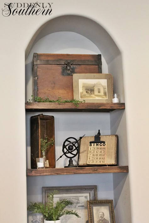 Hello again...    I am continuing my after Christmas decorating.     My hubby made me these shelves in the niche before the holidays.  ... Niche Decor Ideas, Recessed Wall Niche Ideas, Alcove Decor, Niche Decorating Ideas, Wall Niche Decor, After Christmas Decorating, Wall Niche Ideas, Cubby Wall, Recessed Wall Niche