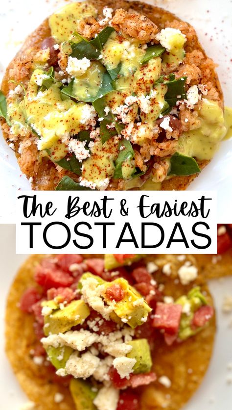 Tostada recipe pin. It shows two different images. One image up top, and one image is down below. And in the middle is a white box with a title inside. The title reads, "The Best and Easiest Tostadas." The tostadas have ingredients like avocado, raw tuna, rice, fresh crumbled cheese, and more Dinner Recipes Mediterranean, Whole 30 Dinner Recipes, Tostada Recipe, Mediterranean Dinner Recipes, Whole 30 Dinner, Mediterranean Dinner, Tostada Recipes, Paleo Dinner Recipes, Mexican Flavors