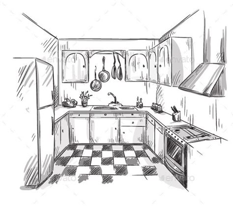 Kitchen Interior Drawing Kitchen Interior Drawing, Croquis Architecture, Interior Design Sketchbook, Interior Drawing, Kitchen Drawing, Perspective Drawing Architecture, Drawing Interior, One Point Perspective, Interior Design Drawings