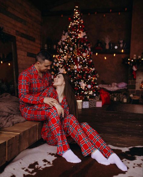 Xmas Couple Photos, Family Christmas Onesies, Couple Pajamas Christmas, Christmas Photography Couples, Christmas Pajama Pictures, Couples Christmas Outfits, Christmas Tree Photoshoot, Onesie Outfits, Old Navy Christmas Pajamas