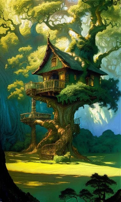 Fantasy Treehouse, Valheim Builds, Tuff Puppy, 3 Point Perspective, Star Wars Fanfiction, Point Perspective, Mystical Forest, House Illustration, Building Art