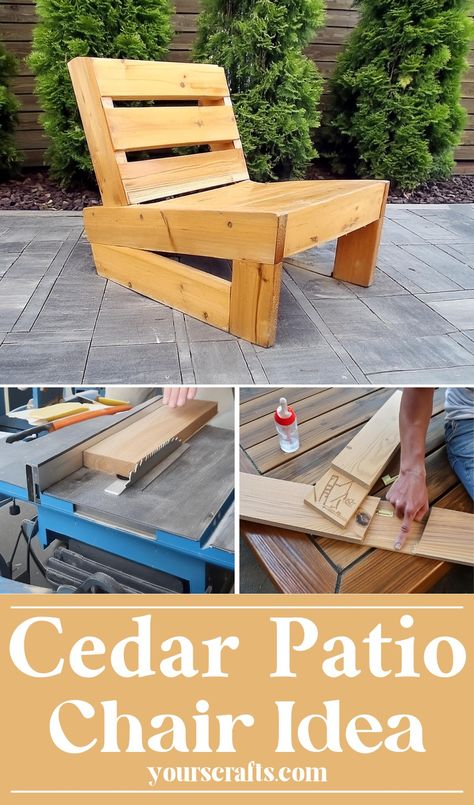 Cedar Patio Chair Idea Home Made Patio Furniture, Japandi Patio, Cedar Patio, Patio Chairs Diy, Diy Privacy Fence, Wooden Lounge Chair, Cedar Furniture, Styles Of Furniture, Chairs Diy