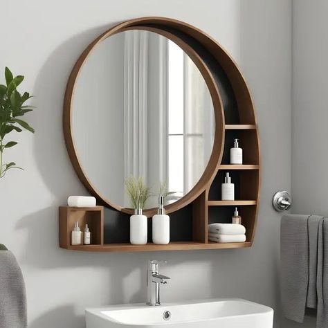 Bathroom Accessories Small Space, Diy Bathroom Mirror With Storage, Bathroom Mirror Next To Window, Round Bathroom Mirror With Storage, Powder Bathroom Storage Ideas, Bathroom Shelves Ideas The Wall, Small Bathroom Large Mirror, Simple Bathroom Cabinets, Mirror Over Vanity And Toilet