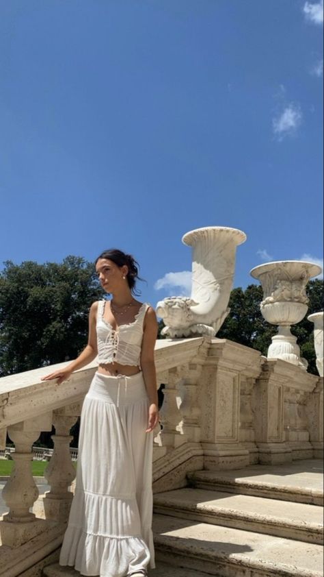 Itslian Girl Outfits, Museum Outfit Aesthetic Summer, Portugal Outfit Aesthetic, Mediterranean Summer Fits, White Cottagecore Outfits, Trieste Outfit, Italian Coast Aesthetic Outfit, Italy Museum Outfit, Italian Dress Aesthetic