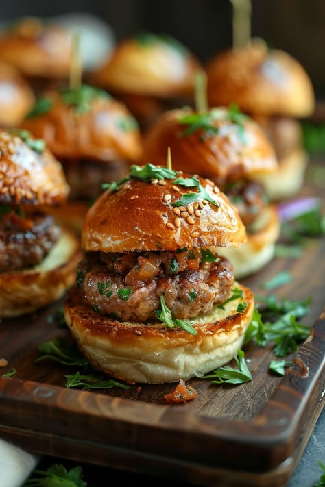 Sliders with juicy beef patties, garnished with fresh greens on a wooden board. Rustic Finger Food, Sliders Ideas Parties, Small Bites For Wedding, Party Food Bites, Bridal Shower Sliders, Finger Food Chicken, Fancy Superbowl Food, Luxury Finger Food, Mini Sliders Party