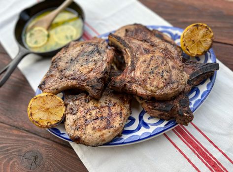 Greek-inspired marinades of oregano and lemon pair perfectly with the flavors from charcoal grilling. Greek Pork Chops, Jess Pryles, Greek Pork, Bacon Roses, Thick Cut Pork Chops, Keto Pork Chops, Bacon Roll, Make Bacon, Charcoal Grilling