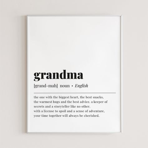 Are you looking for the perfect gift for your grandmother? Look no further! This feel good Grandma definition print is the perfect gift to show how much you appreciate your beloved grandmother! Whether you're looking for a last minute birthday gift for your grandmother or just a fun card to remind her how special she is, this grandma definition print will definitely put a smile on her face.This dictionary-style meaning of the word 'grandma' print is an instant download. After purchase you will r Grandma Definition Quote, Lines For Grandmother, Special Grandma Quotes, Notes To Grandma, Sayings About Grandmas, Poems For Grandma, Letters To Grandma, Birthday Quotes For Grandma, Quotes About Grandmas