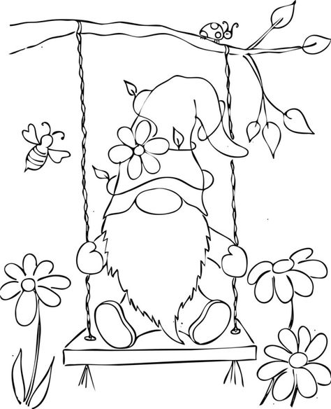 Gnome Coloring Pages, Love Birds Painting, Gnome Paint, Sketch Board, Gnome Pictures, Printable Flower, Tole Painting Patterns, Painting Templates, Spring Painting