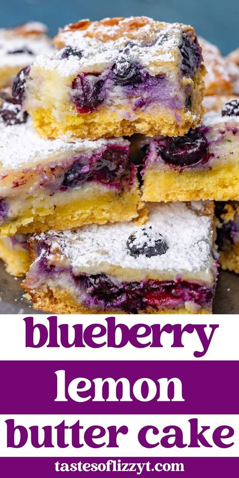 Only 10 minutes prep for this Blueberry Lemon Gooey Butter Cake. Semi-homemade dessert with blueberries and a sprinkle of powdered sugar. Butter Gooey Cake, Lemon Gooey Butter Cake, Dessert With Blueberries, Pound Cake Bundt, Cheesecake Blueberry, Cake Mix Hacks, Homey Kitchen, Yummy Bars, Box Lemon Cake