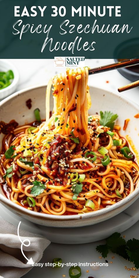 Quick and easy Szechuan noodles recipe! Ready in 30 minutes, these spicy Chinese noodles make the perfect easy dinner with garlic chili oil. Szechuan Noodles With Spicy Beef Sauce, Shanghai Noodles Recipe Vegetarian, Spicy Schezwan Noodles, Spicy Pork Noodles Recipe, Szechuan Peppercorn Recipes, Lunar New Year Noodles, Recipes With Chili Oil, Instant Noodles Recipes, Spicy Noodle Recipes