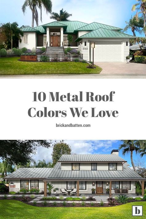 Whether you want to go bold with red, embrace earth tones with green, or keep it simple with a neutral, there are plenty of metal roof colors to choose from for your home's exterior. This post is full of different metal roof and house color combos for your inspiration. #metalroof #metalroofingideas #metalroofcolors #metalroofhouses Metal Roof Exterior House Colors, Metal Roof Stucco House, Green Roof House Colors Exterior Paint Farmhouse, Metal Roof Colonial House, Tan House With Metal Roof, Beige Metal Roof Exterior Colors, White House Metal Roof Colors, Green Metal Roof Exterior Colors Home, Green Metal Roof White House