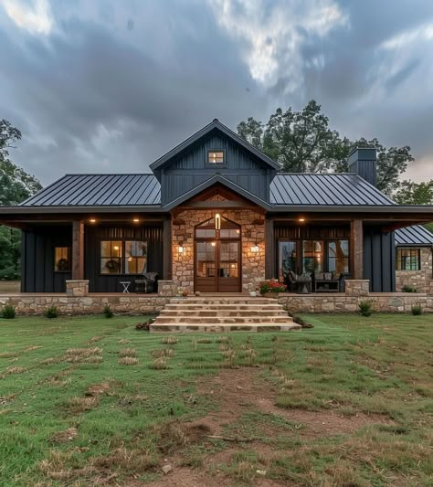 Exterior Farmhouse Remodel, Ranch House Modern Exterior, Western Farmhouse Exterior, Black Barnodium Homes, Rustic Home Exterior Ranch Style, Black Ranch Style House, All Black Farmhouse, Moody Farmhouse Exterior, Siding Farmhouse Exterior