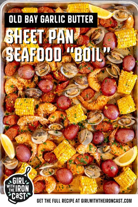 Nothing captures the essence of summer like a clambake or seafood boil! This recipe simplifies the process by roasting juicy shrimp, briny clams, spicy andouille sausage, corn on the cob, and baby potatoes, tossed in an Old Bay butter sauce on a sheet pan in the oven. Serve family style, start peeling, and enjoy a tender, succulent seafood dinner. Seafood Broil In Oven, Pan Seafood Boil, Shrimp Boil In Oven, Crab Boil Recipe, Cajun Shrimp Boil, Seafood Cuisine, Seafood Broil, Old Bananas, Shrimp And Crab Boil