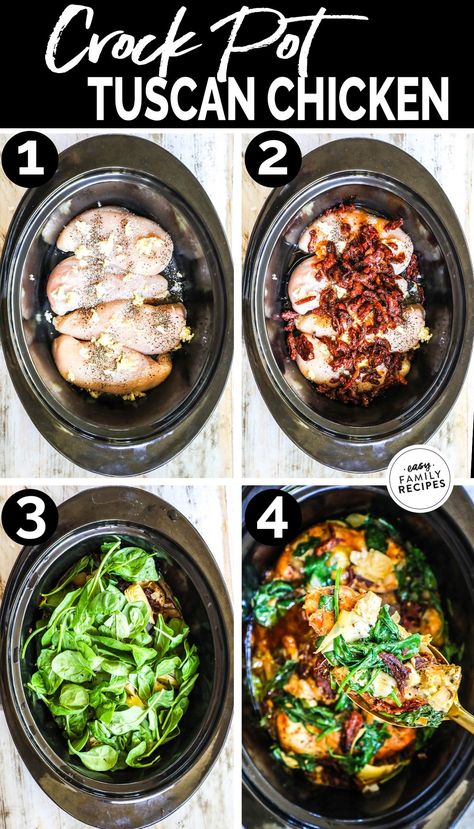 This Crockpot Tuscan Chicken is the absolute best slow cooke recipe for a busy night. This crock pot recipe only has a few ingredients and is packed with flavor! Tender chicken breast, garlic, sun dried tomatoes, and artichokes cook together for the most delicious and healthy crockpot dinner! Serve the slow cooker Tuscan Chicken with pasta, vegetables, or mashed potatoes for a filling and delicious easy weeknight dinner idea! Chicken Vegetable Crockpot Recipes, Crockpot Mediterranean Recipes, Tuscan Chicken Crockpot, Crock Pot Healthy Recipes, Tuscany Chicken, Crockpot Tuscan Chicken, Slow Cooker Tuscan Chicken, Crock Pot Tuscan Chicken, Tuscan Chicken Recipe