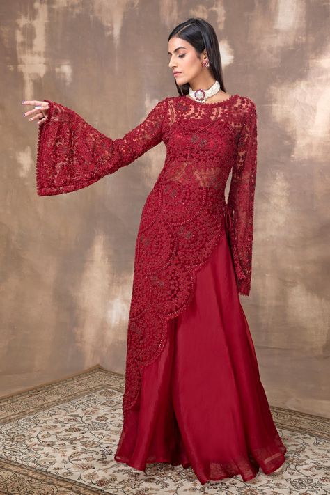 Ridhima Bhasin, Asymmetric Kurta, Red Kurta, Trendy Outfits Indian, Desi Fashion Casual, Pakistani Fancy Dresses, Modest Dresses Casual, Wear Crop Top, Designer Party Wear Dresses