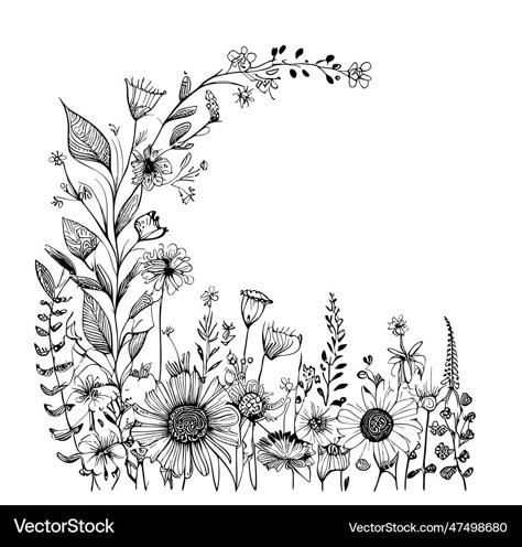 Line Drawn Flower Tattoo, Row Of Flowers Drawing, Flower Garden Drawing Easy, Wild Flower Drawing Simple, Flower Line Drawing Botanical Illustration, Wild Flowers Drawing Sketch, Floral Frame Drawing, Wildflower Drawing Simple, Wild Flower Sketch