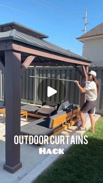 Pergola With White Curtains, Curtains Porch Outdoor, Pergola Patio With Curtains, Outdoor Pergola Curtain Ideas, Patio Curtain Rod Ideas, Covered Patio With Curtains, Outside Curtains Patio Diy, Outdoor Entertaining Area Diy, How To Hang Outdoor Curtains For Patio