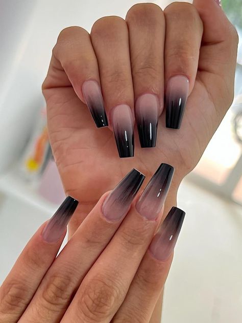 Black And White Ombre Nails Coffin, Ombre Pink And Black Nails, Black Ombre Nails Square, Acrylic Nails With Black Design, Pink And Black Ombre Acrylic Nails, Pink To Black Ombre Nails, Ombré Black Nails, Black Ombre Nails Coffin, Acrylic Nails Black Designs