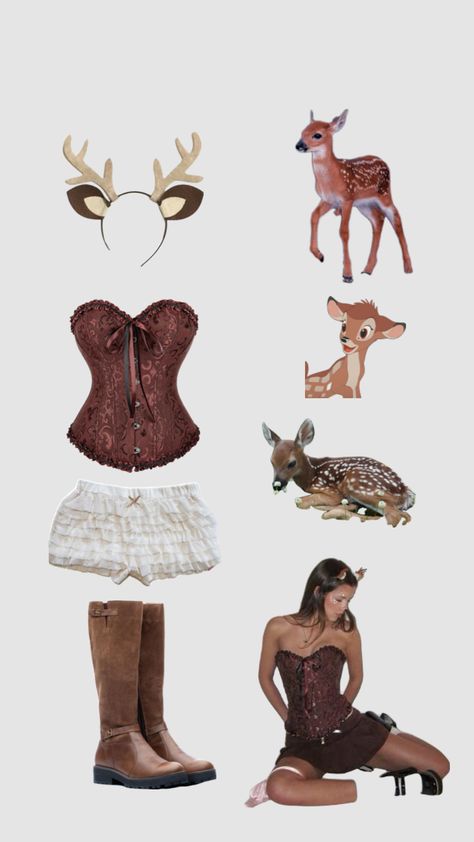 Halloween Costume Inspo 2024 Solo, Deer Outfit Halloween, Deer Costume Halloween, Reindeer Outfit Women, Deer Couple Costume, Bambi Halloween Costume, Thumper Costume, Warm Costume Ideas, Carnaval Costume Ideas