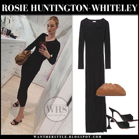 Open Toe Mules Outfit, Mules Outfit, Rosie Huntington Whiteley Style, Black Skirts, Black Mules, Rosie Huntington, Huntington Whiteley, Ribbed Midi Dress, Rosie Huntington Whiteley