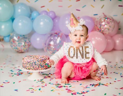 Sprinkle themed cake smash session Lehigh Valley, Pennsylvania Unicorn First Birthday Photoshoot, Sweet One First Birthday Smash Cake, 1 Yr Birthday Party Girl, Sweet One First Birthday Photoshoot, Cake Smash Girl Theme, Sweet One Cake Smash, Baby 1st Birthday Photoshoot, Kids Bday Cake, Smash Cake Pictures