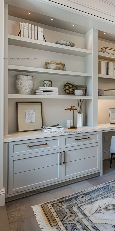 An organized home office features a desk and a small sitting area for comfort. The home office design includes built-in cabinets and a cozy sitting spot. Diy Built In Desk, Home Office With Built Ins, American Style Homes, Organized Home Office, Small Sitting Area, Storage Seating, Home Office Interior Design, Guest Bedroom/office, Office Built Ins