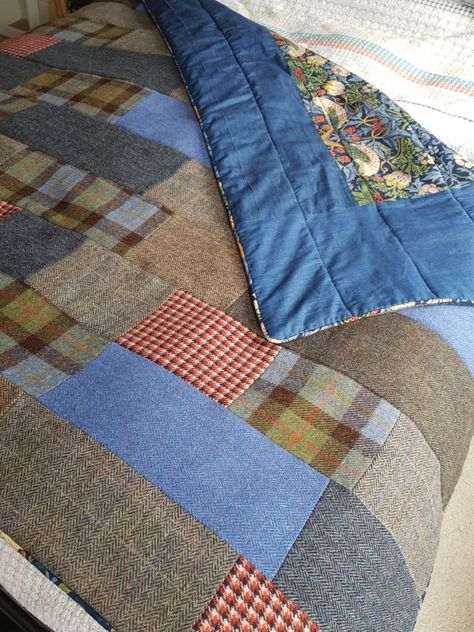 Wool Fabric Projects, Tweed Patchwork, Wool Patchwork, Patchwork Blanket, Wool Quilts, Plaid Quilt, Wedding Quilt, Wool Blankets, Man Quilt