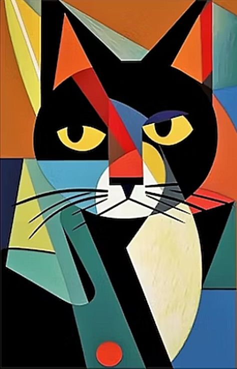 Modern Art Cat Paintings, Cat Cubism Art, Picasso Cat Paintings, Geometric Cat Art, Picasso Paintings Abstract Art, Cubism Animals, Cubism Art Ideas Inspiration, Picasso Illustration, Cat Abstract Painting