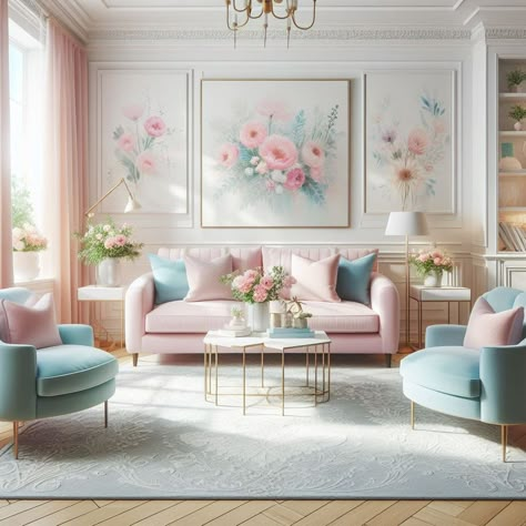 Break the Norm: Why Not Powder Pink for Your Living Room? 💕🌸 Will You Dare? 🌸 Infuse your living space with the unexpected allure of powder pink. Pink Feature Wall Living Room, Pink And Blue Living Room Ideas, Orangery Decor, Light Pink Living Room, Living Room Classic Modern, Living Room Feminine, Princess Living Room, Pink Accents Living Room, Pink And Blue Living Room