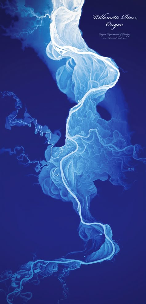 Willamette River, by Daniel E. Coe of the Oregon Department of Geology and Mineral Industries, displays a 50-foot elevation range, with lower elevations shown in white and higher elevations in dark blue. Coe used LIDAR data to make the map; he writes that he was inspired by maps of the Mississippi River made by Harold N. Fisk for a 1944 Army Corps of Engineers study. From Atlas of Design. Behind Blue Eyes, Colossal Art, Water Art, Data Visualization, The Blues, Map Art, Geology, Shades Of Blue, Cobalt