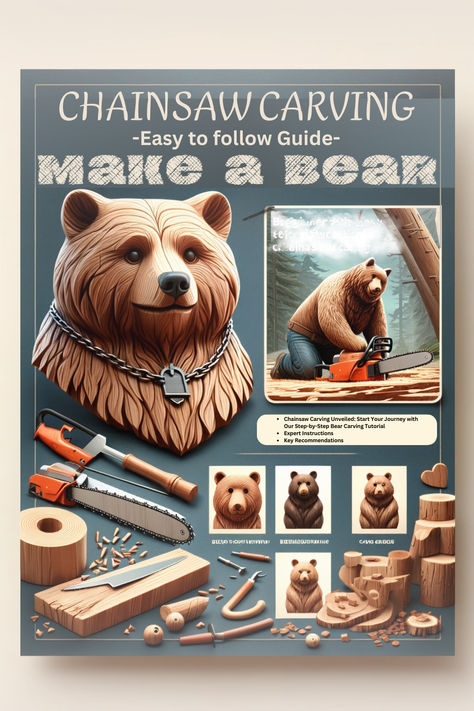 Promotional image for 'Chainsaw Carving a Bear' guidebook, highlighting its step-by-step instructions for creating bear sculptures with a chainsaw, ideal for beginners. Fox Wood Carving, Chainsaw Carving Ideas, Chainsaw Carving Patterns, Chainsaw Sculpture, Beginner Wood Burning, Chainsaw Art, Power Carving, Carving For Beginners, Dremel Carving