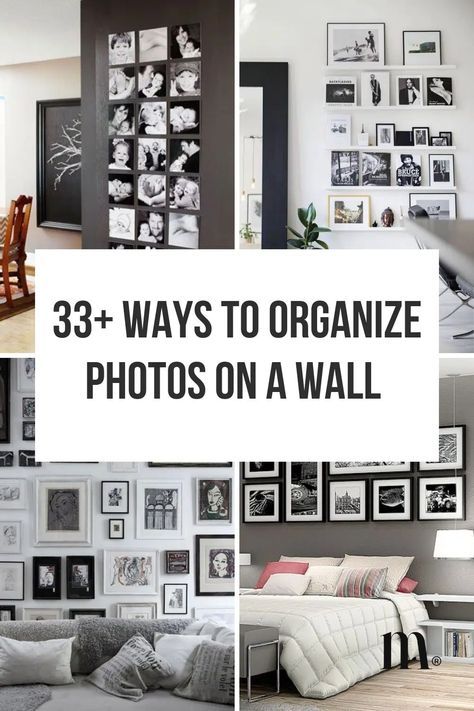 25+ Creative Ways To Organize Photos On A Wall | Momooze.com How To Set Up Pictures On The Wall, Frameless Photo Wall Collage, Photo Displays Wall, Chic Photo Display, How To Place Pictures On Wall Ideas, Large Picture Wall Ideas Photo Displays, 9 Frames On Wall, Wall Picture Gallery Ideas, Photo Wall Collage Vertical