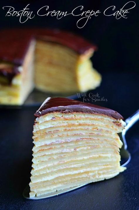 Boston Cream Crepe Cake - Will Cook For Smiles Gbbo Recipes, Kuih Lapis, Will Cook For Smiles, Boston Cream Pie, Torte Cupcake, Fun Cakes, Crepe Cake, Boston Cream, Angel Cake