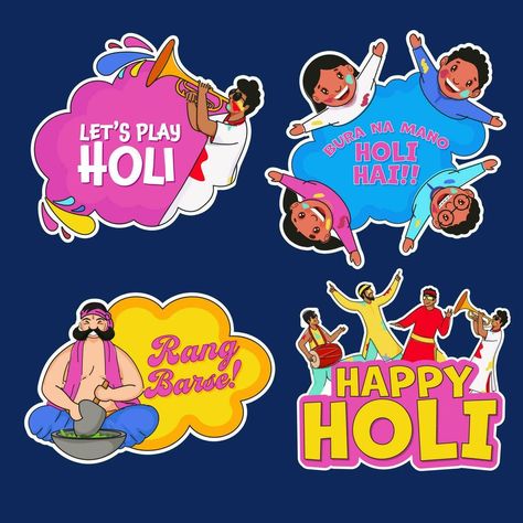 Sticker Style Holi Festival Quotes Collection With People Enjoying Against Blue Background. Holi Festival Quotes, Holi Stickers, Holi Graphics, Quotes In Blue, Holi Posters, Background Holi, Smiley Face Clothing, Holi Decor, Holi Photoshoot