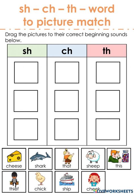 Phonics- beginning sounds online worksheet for J4. You can do the exercises online or download the worksheet as pdf. Th Sounds Worksheet, J Sound Worksheets, Blend Sound Worksheets, Th Diagraph Worksheets, Ch Words With Pictures, Beginning Blends Worksheets Free, Th Sound Activities, Th Worksheets Digraph, Th Words Worksheets