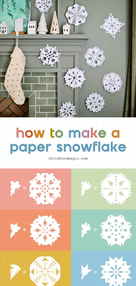 How to Make a Paper Snowflake - 10 Free Designs - Childhood Magic How To Fold Snowflakes Paper, Parchment Paper Snowflakes, Snowflakes For Kids, Printable Snowflake Template, Paper Snowflake Designs, Paper Snowflake Template, Paper Snowflake Patterns, Paper Snowflakes Diy, Homemade Paper