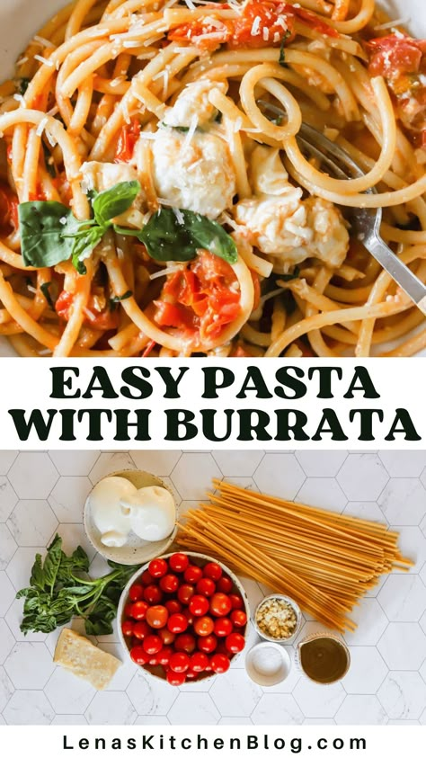 This Pasta with Burrata recipe effortlessly marries simplicity with elegance, making it the perfect meal for weekdays or date nights! The creaminess of burrata, combined with tomatoes and aromatic basil, makes each bite a burst of flavor. Serve it with your choice of pasta! Weeknight Pasta Recipes, Recipes With Baratta, Buratta Pasta Recipes, Burrata Filling Recipes, Meals With Burrata Cheese, Burata Meals, Burrata Cheese Pasta, Burrata And Pasta, Burrata Cheese Recipes