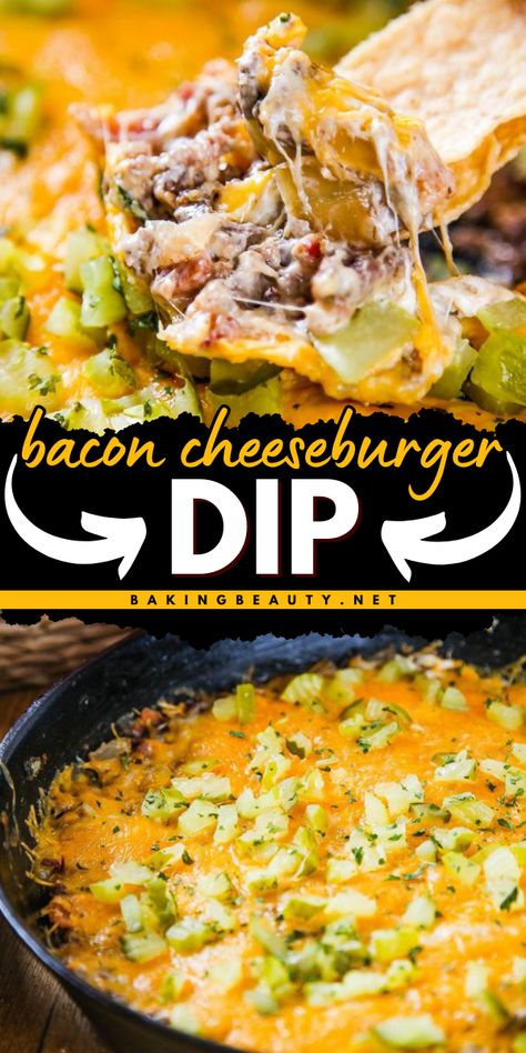 Get the party started with this Bacon Cheeseburger Dip recipe! An easy appetizer for a party that combines creamy cheese, crispy bacon, and savory ground beef for a flavor-packed dip that's perfect for any gathering. Pin this to your simple dip appetizers now! Hamburger Appetizers, Cheese Burger Dip, Ground Beef Appetizers, Cheeseburger Dip Recipe, Rv Snacks, Hamburger Dip, Bacon Cheeseburger Dip, Hummus Sauce, Cheeseburger Dip