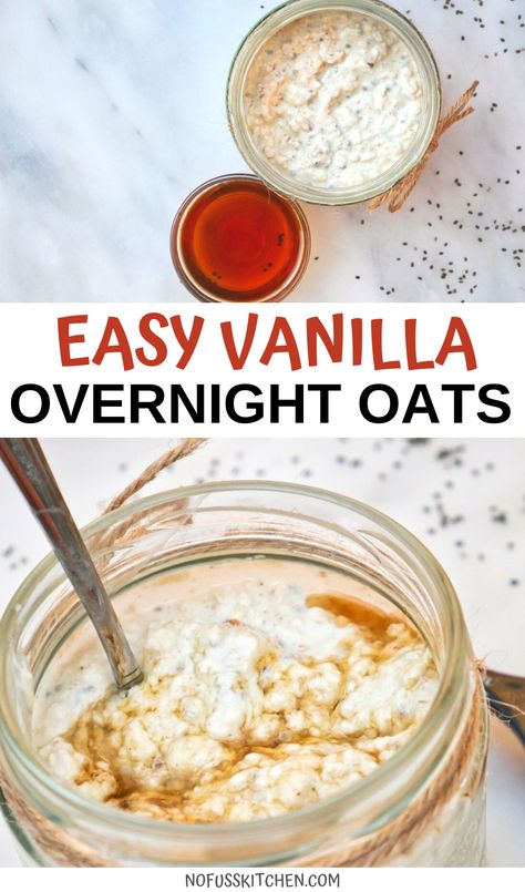 These vanilla overnight oats are absolutely delicious, easy overnight oats, and healthy overnight oats made with greek yogurt. All you need is vanilla extract and you've got yourself some perfectly easy overnight oats, the greatest breakfast recipe ever! Overnight Vanilla Protein Oats, Vanilla Overnight Oats Without Yogurt, Vanilla Yogurt Overnight Oats, Vanilla Overnight Oats With Chia Seeds, Overnight Vanilla Oats, Mush Vanilla Bean Overnight Oats, Overnight Oats Vanilla Pudding, Beginner Overnight Oats, Uses For Vanilla Extract