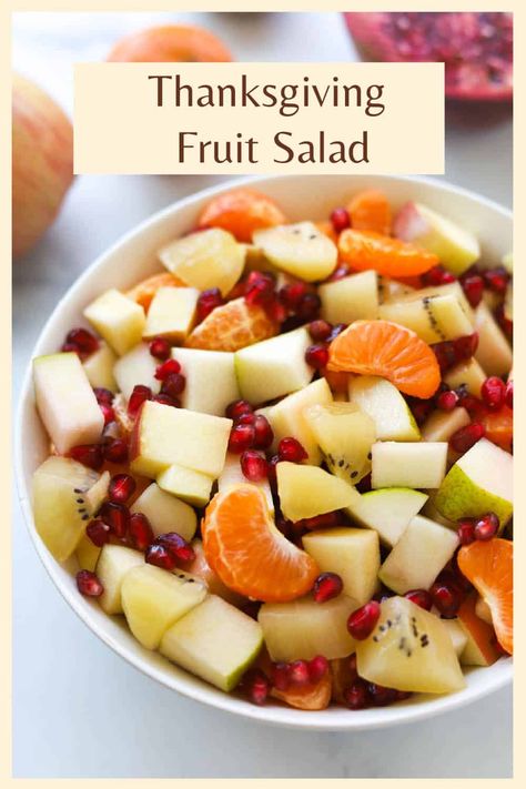 This is a refreshing and colorful fruit salad to add to your Thanksgiving day feast. Made with seasonal fresh fall fruit like mandarin oranges, pears and apples and tossed in a light citrus honey dressing, it’s the perfect side dish or dessert to clean your palate after a savory Thanksgiving meal. Learn how to make this healthy holiday fruit salad on www.apeachyplate.com Apple Fruit Salad Recipe, Fruit Salad Fall, Holiday Fruit Salad, Thanksgiving Brunch Recipes, Thanksgiving Fruit Salad, Citrus Fruit Salad, Mandarine Recipes, Thanksgiving Fruit, Winter Fruit Salad