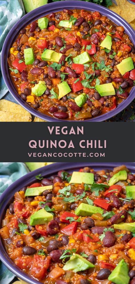 Vegan Quinoa Chili Chili Quinoa, Vegan Quinoa Chili, Quinoa Chili Recipe, Slow Cooker Quinoa, Vegan Chili Recipe, Vegan Chilli, Quinoa Chili, Vegan Enchiladas, Bean Dishes