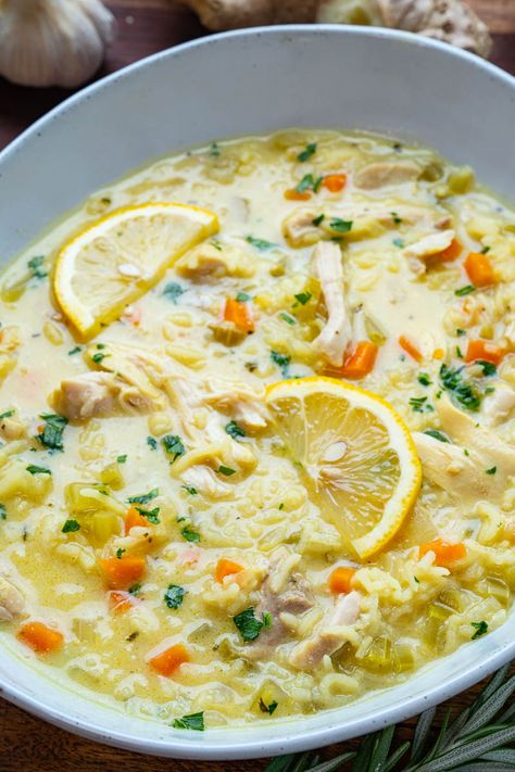 Lemon Ginger Turmeric Chicken and Rice Soup Yellow Rice Soup, Chicken And Rice Soup With Tumeric And Ginger, Lemon Ginger Orzo Soup, Jasmine Rice Soup, Lemon Ginger Turmeric, Turmeric Chicken, Closet Cooking, Ginger Soup, Chicken Rice Soup