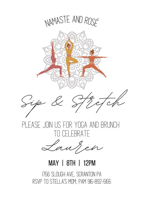 30th Birthday Ideas, Yoga Party, Namaste & Rose, Sip & Stretch Yoga Party Invitations, Yoga Party Decorations, Pilates Party Ideas, Yoga Brunch Party, Yoga Themed Party, Pilates Bachelorette, Pilates Birthday Party, Yoga Event Ideas, Yoga Bachelorette Party