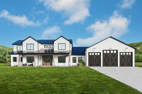 Barndominium Modern Farmhouse, House Plans With Large Garage, 2 Story Barndominium Floor Plans With Shop, 5 Bedroom Barndominium Floor Plans 2 Story, House With Shop Attached, Shop House Plans Barndominium, Farmhouse Barndominium Exterior, Barndominium Floor Plans 5 Bedroom, Modern Farmhouse Plans Two Story